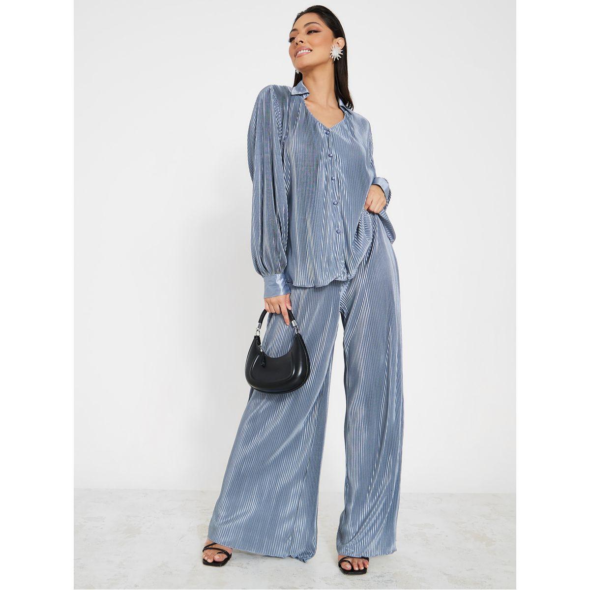 Styli Collared Plisse Shirt & Wide Leg Trouser Co-Ord Set-women-clothing-coordsets-image-1