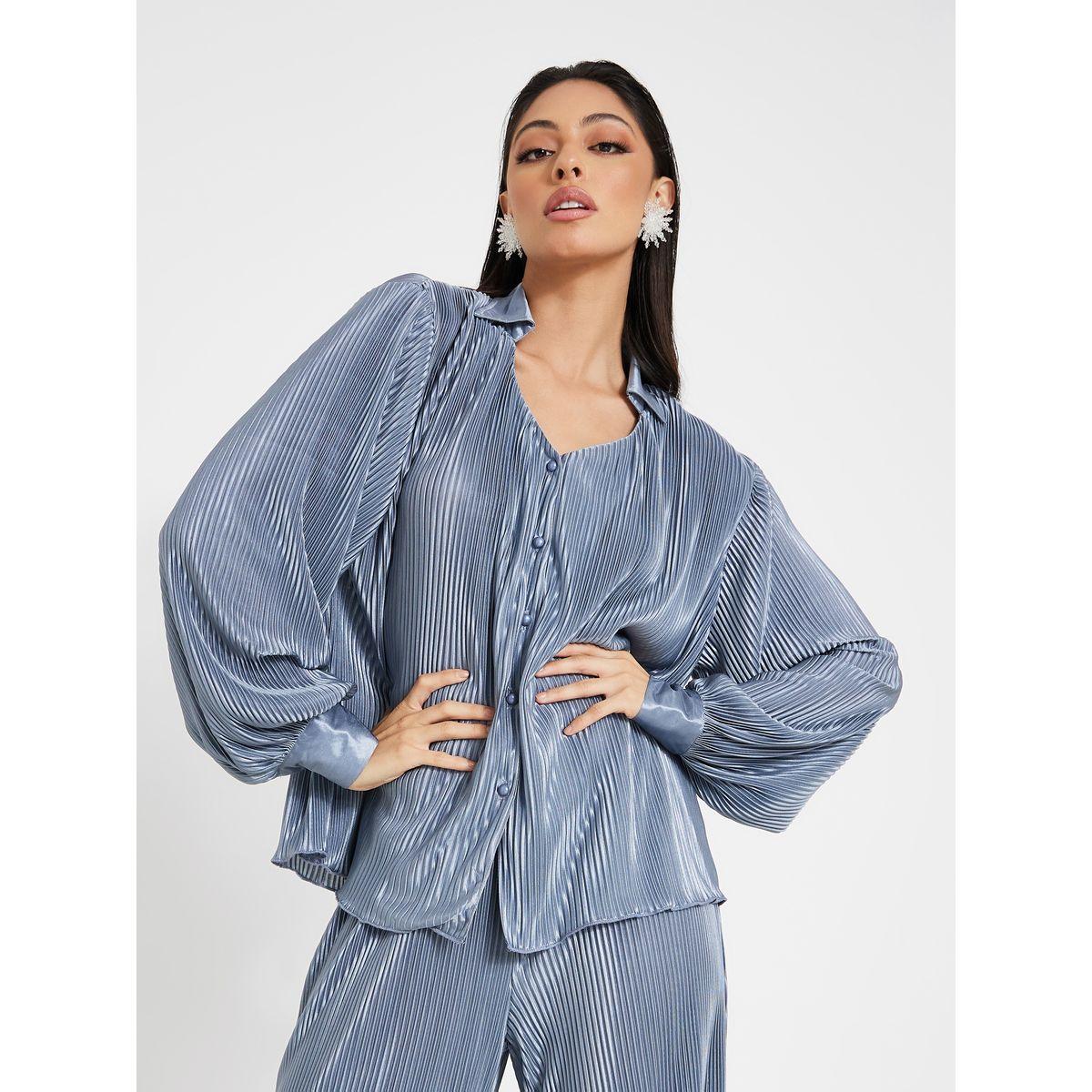 Styli Collared Plisse Shirt & Wide Leg Trouser Co-Ord Set-women-clothing-coordsets-image-2