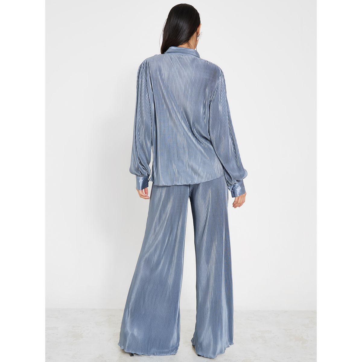 Styli Collared Plisse Shirt & Wide Leg Trouser Co-Ord Set-women-clothing-coordsets-image-5