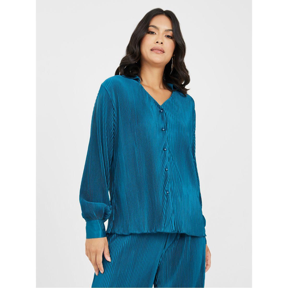 Styli Collared Plisse Shirt & Wide Leg Trouser Co-Ord Set-women-clothing-coordsets-image-2