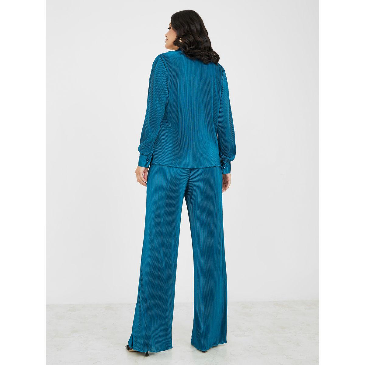 Styli Collared Plisse Shirt & Wide Leg Trouser Co-Ord Set-women-clothing-coordsets-image-5