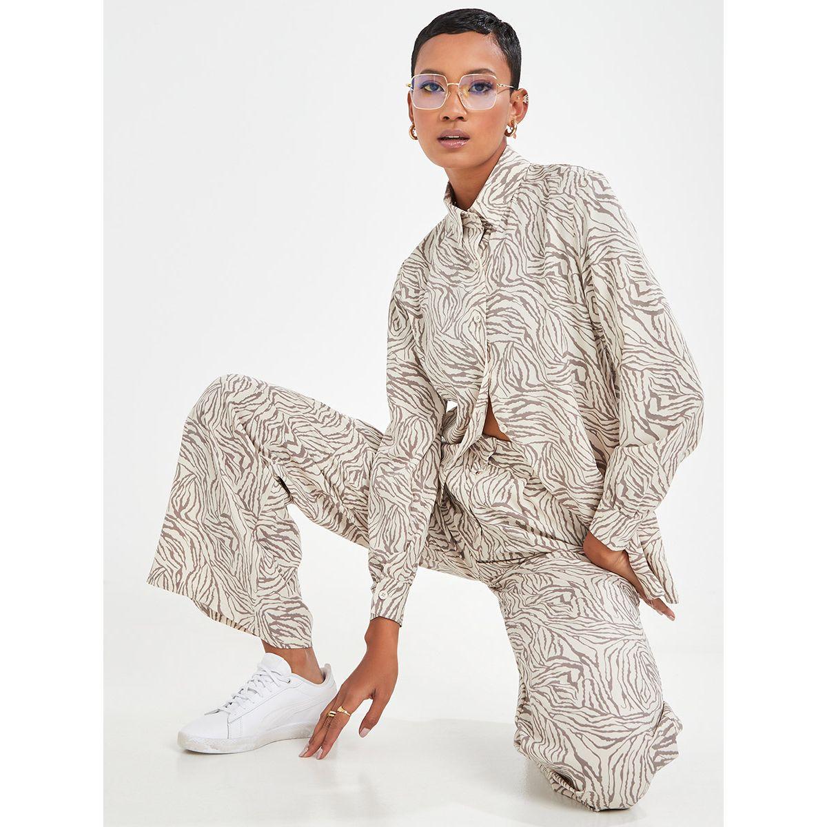 Styli Abstract Print Longline Shirt with Wide Leg Trouser Co-Ord Set-women-clothing-coordsets-image-1
