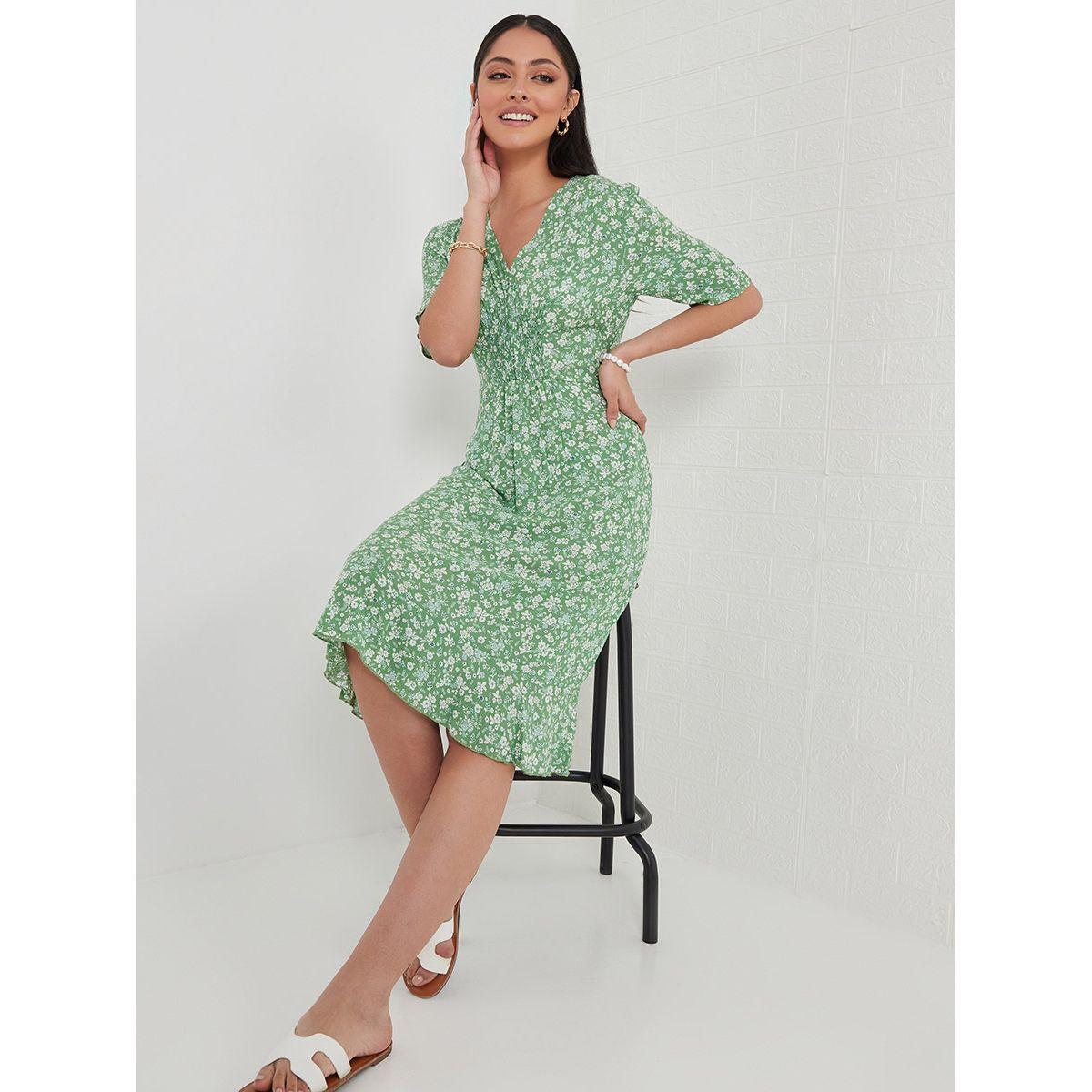 Styli Short Sleeves V Neck Floral Print Smock Midi Dress-women-clothing-dresses-image-1