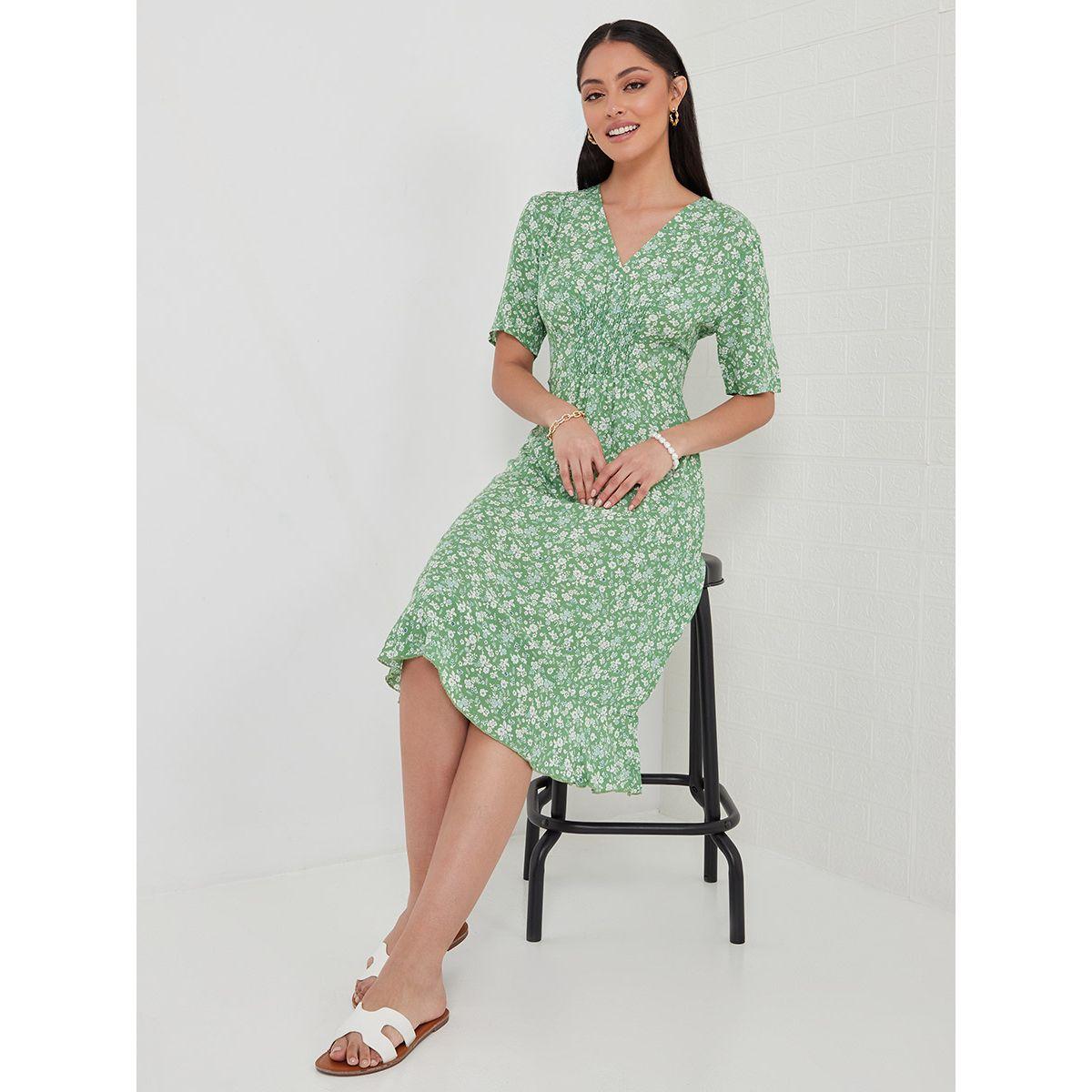 Styli Short Sleeves V Neck Floral Print Smock Midi Dress-women-clothing-dresses-image-6