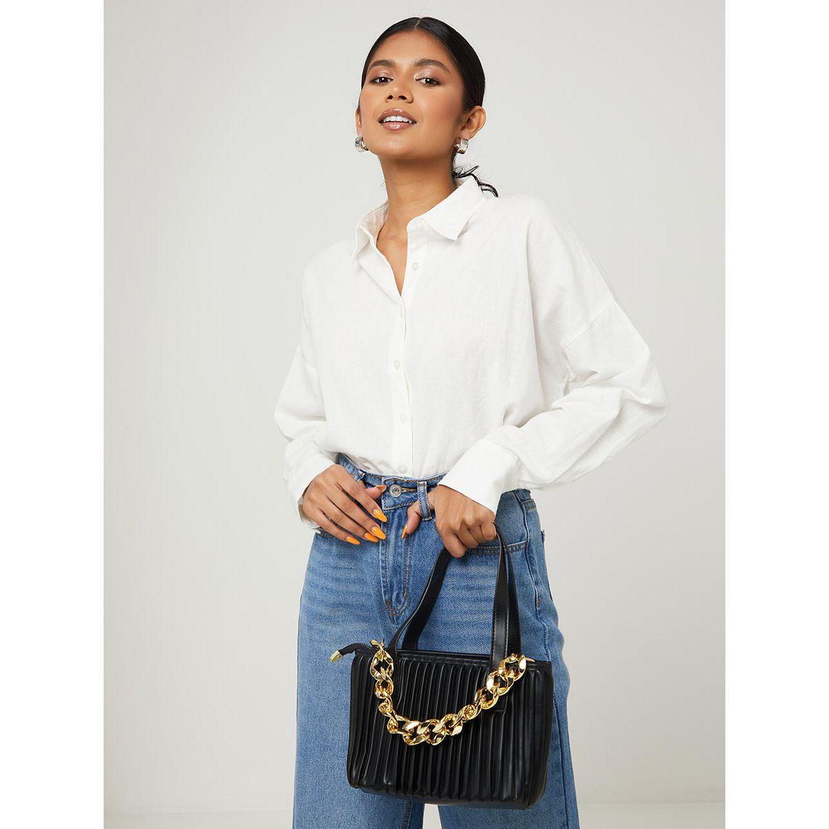 Styli Chain Embellished Pleated Detail Handbag-women-bagsandwallets-handbags-image-3