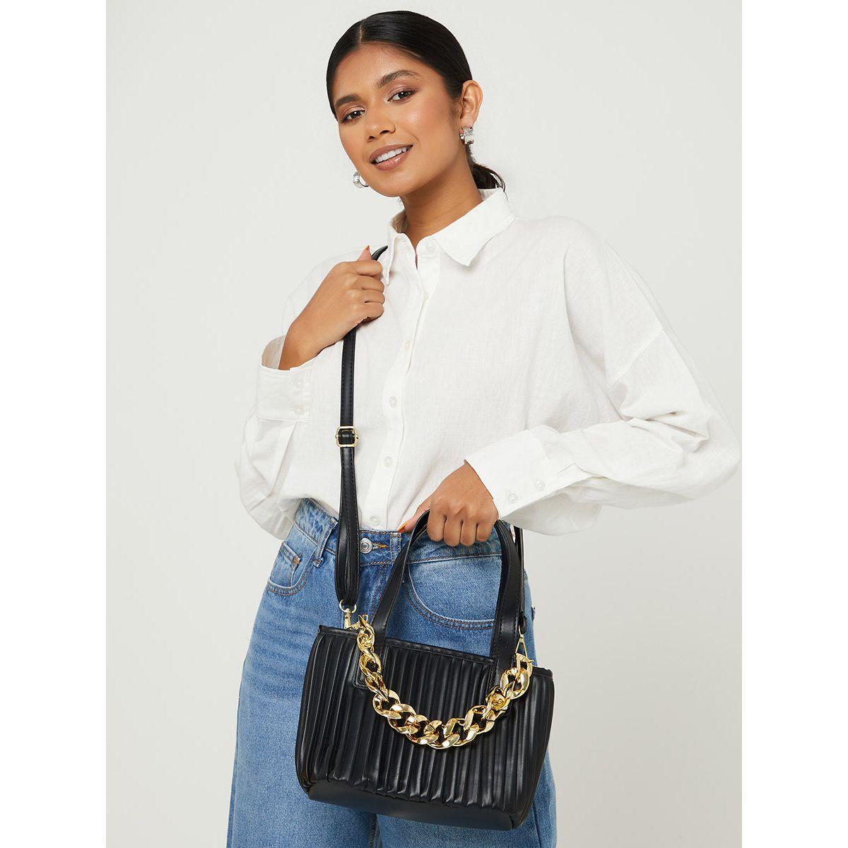 Styli Chain Embellished Pleated Detail Handbag-women-bagsandwallets-handbags-image-5