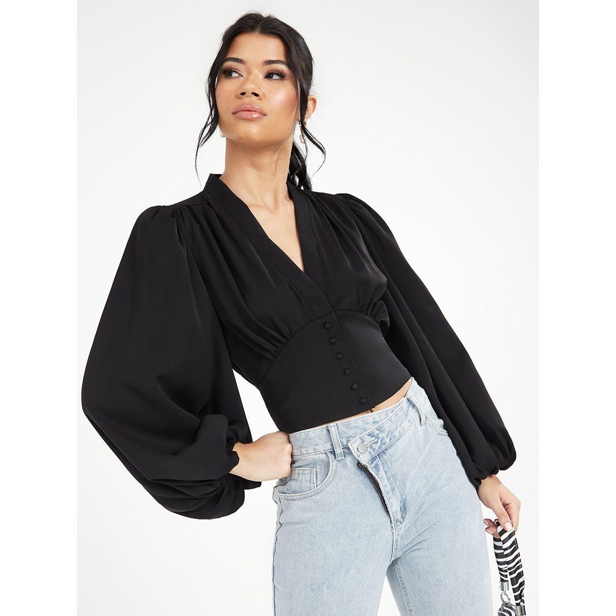 Styli Balloon Sleeves V Neck Blouse with Self Covered Button Detail-women-clothing-shirtsandblouses-blouses-image-1