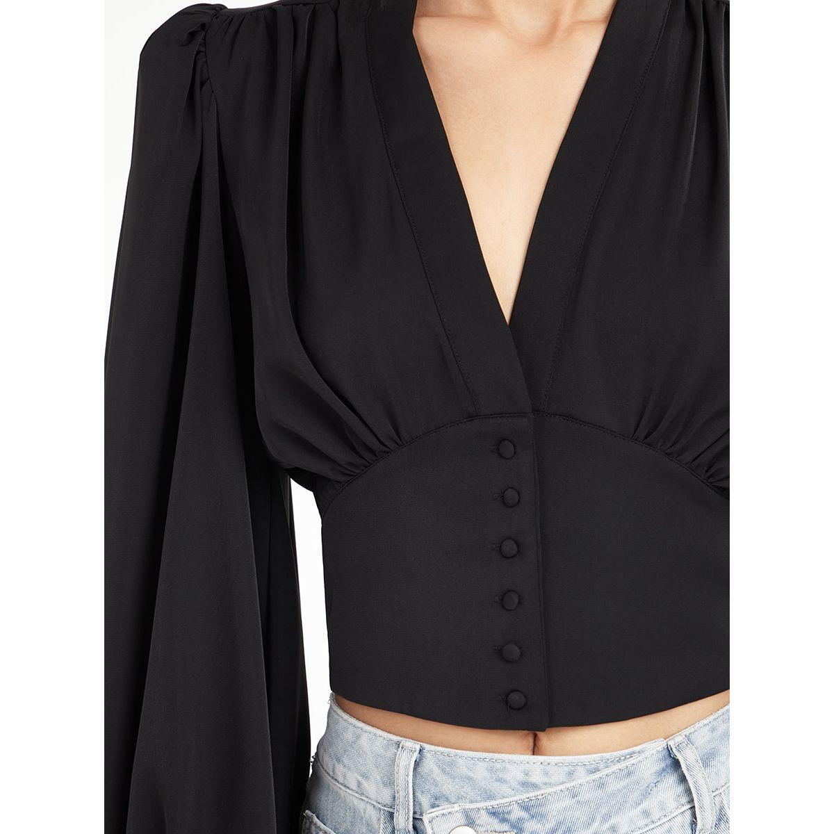 Styli Balloon Sleeves V Neck Blouse with Self Covered Button Detail-women-clothing-shirtsandblouses-blouses-image-3
