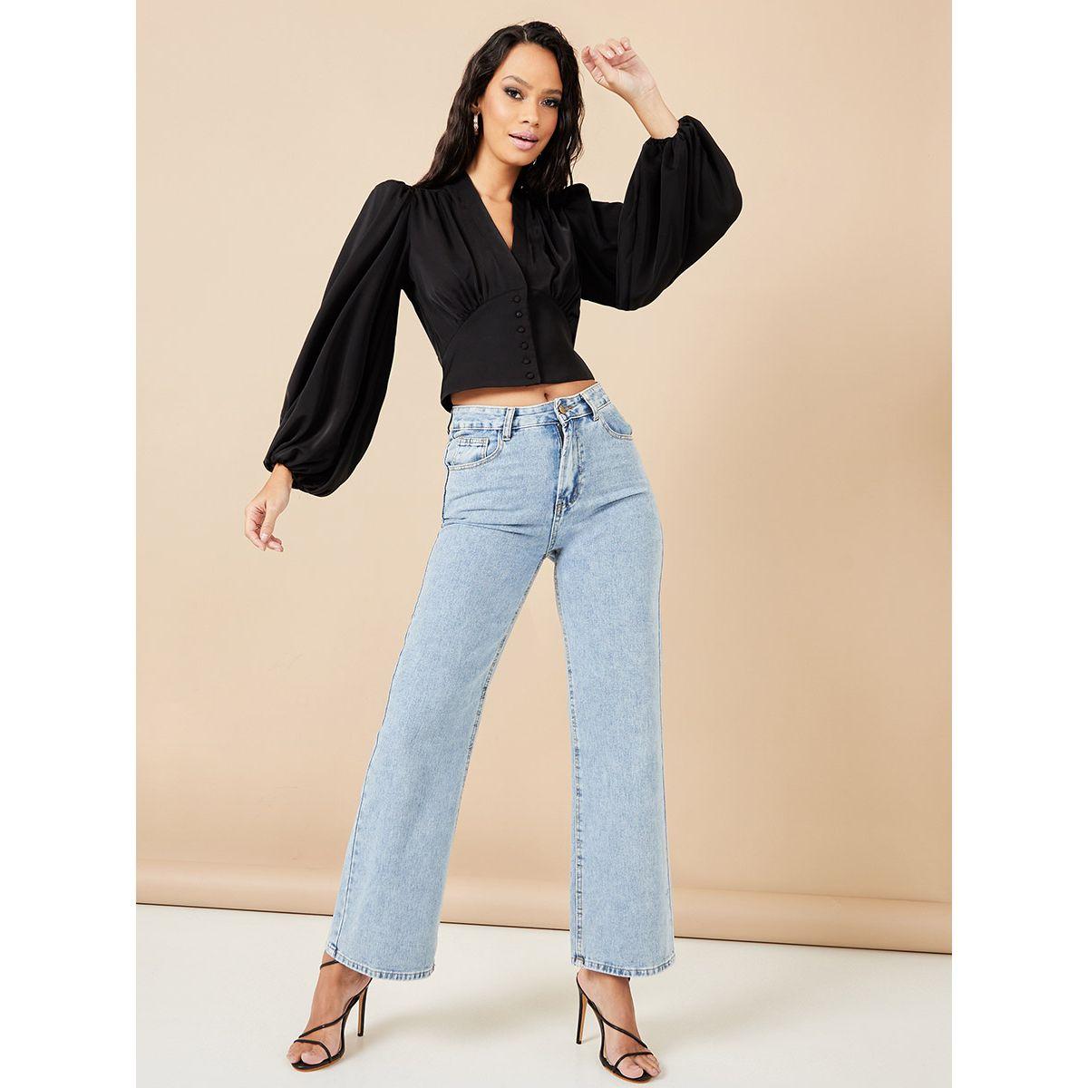 Styli Balloon Sleeves V Neck Blouse with Self Covered Button Detail-women-clothing-shirtsandblouses-blouses-image-7