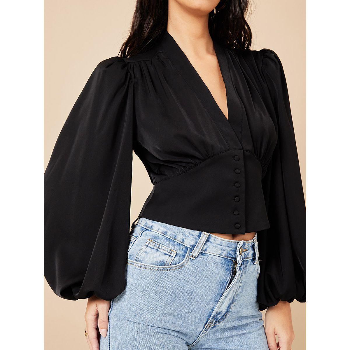 Styli Balloon Sleeves V Neck Blouse with Self Covered Button Detail-women-clothing-shirtsandblouses-blouses-image-9