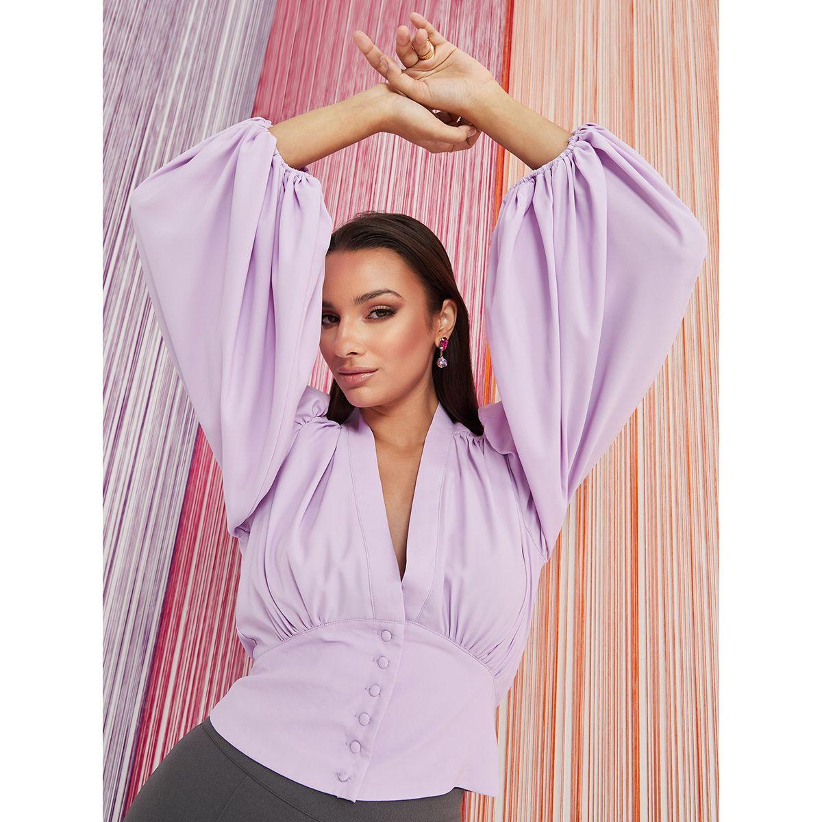 Styli Balloon Sleeves V Neck Blouse with Self Covered Button Detail-women-clothing-shirtsandblouses-blouses-image-1