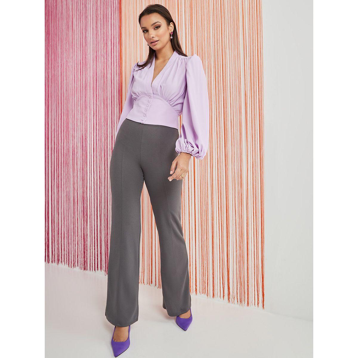 Styli Balloon Sleeves V Neck Blouse with Self Covered Button Detail-women-clothing-shirtsandblouses-blouses-image-2