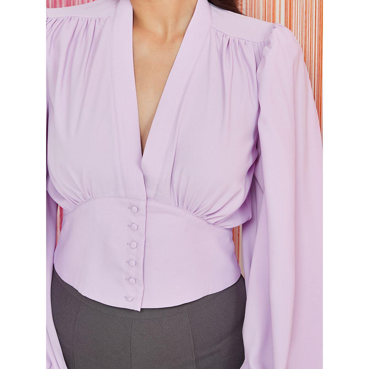 Styli Balloon Sleeves V Neck Blouse with Self Covered Button Detail-women-clothing-shirtsandblouses-blouses-image-3