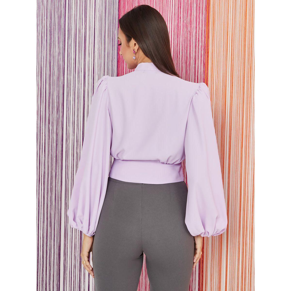 Styli Balloon Sleeves V Neck Blouse with Self Covered Button Detail-women-clothing-shirtsandblouses-blouses-image-4