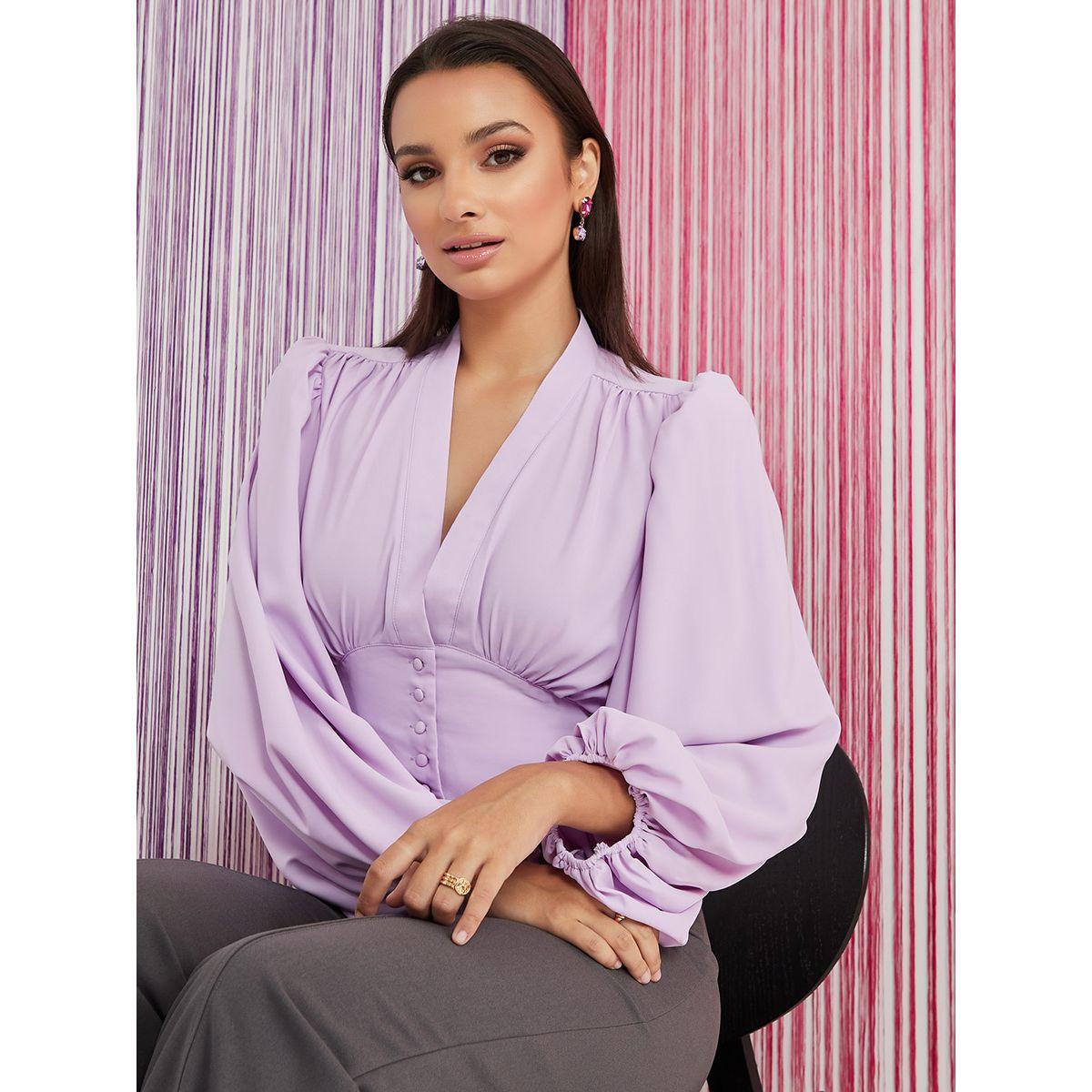 Styli Balloon Sleeves V Neck Blouse with Self Covered Button Detail-women-clothing-shirtsandblouses-blouses-image-5