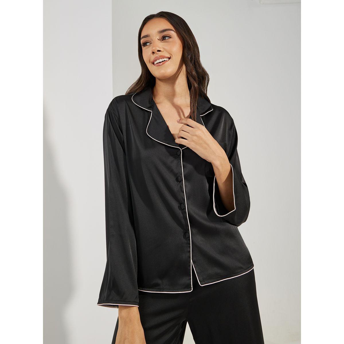 طقم من بنطال بيجاما مع بلوزة سادة بازرار غلق-women-clothing-nightwear-pyjamas-longsets-image-4