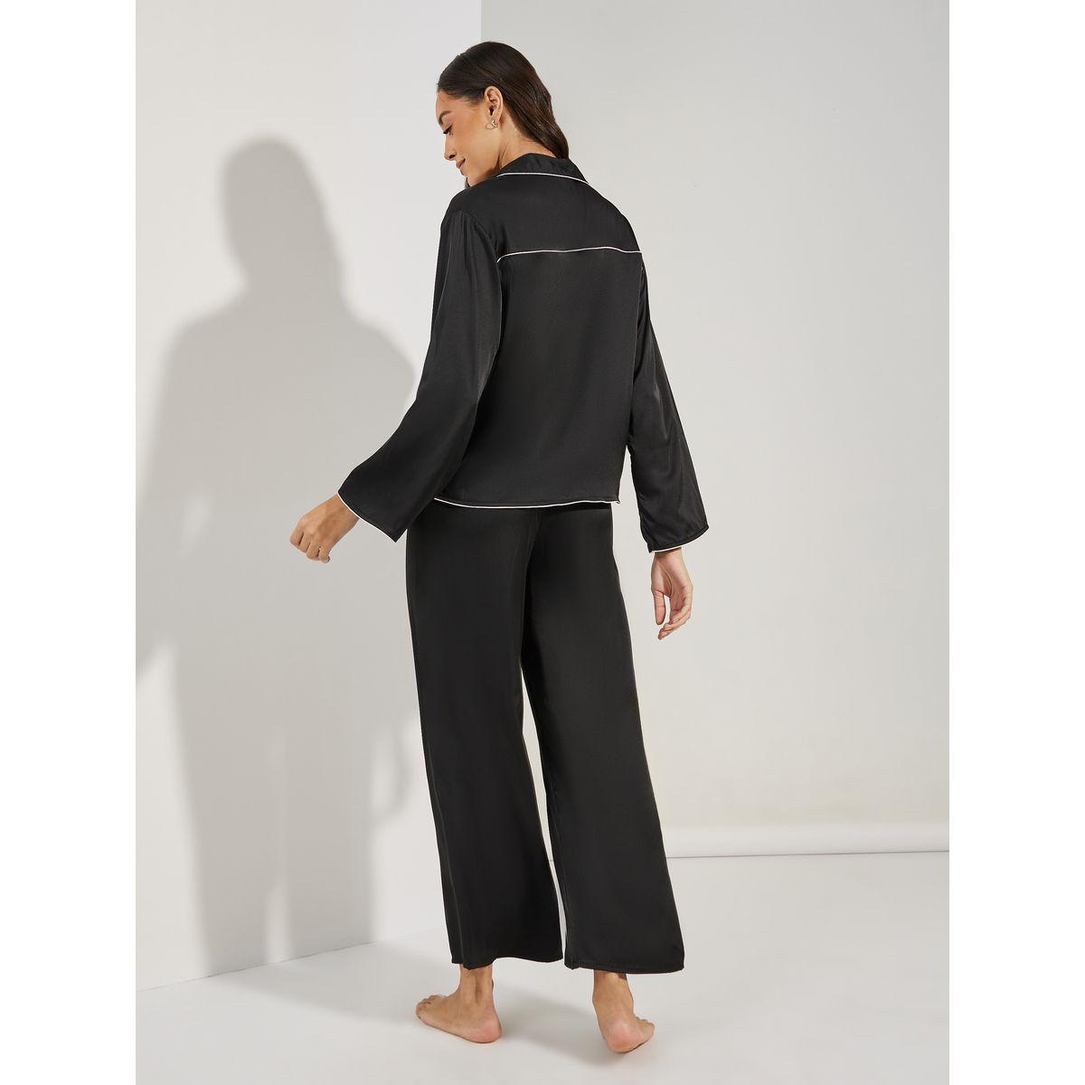 طقم من بنطال بيجاما مع بلوزة سادة بازرار غلق-women-clothing-nightwear-pyjamas-longsets-image-1