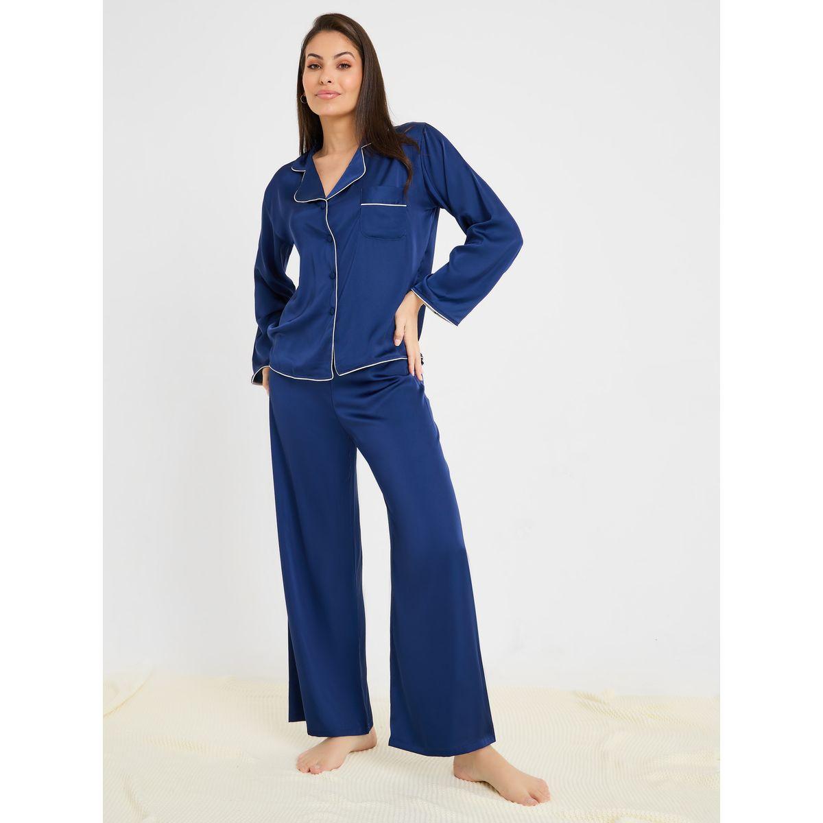 Styli Unwind Solid Piped Button Through Shirt & Pyjama Set-women-clothing-nightwear-pyjamas-longsets-image-1