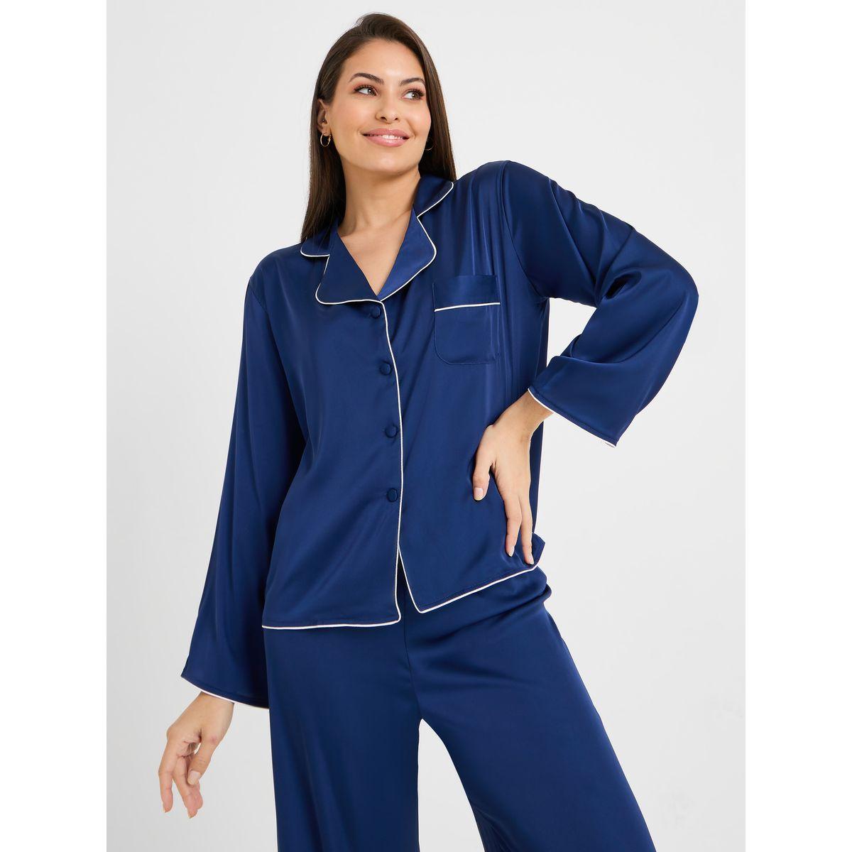 Styli Unwind Solid Piped Button Through Shirt & Pyjama Set-women-clothing-nightwear-pyjamas-longsets-image-2