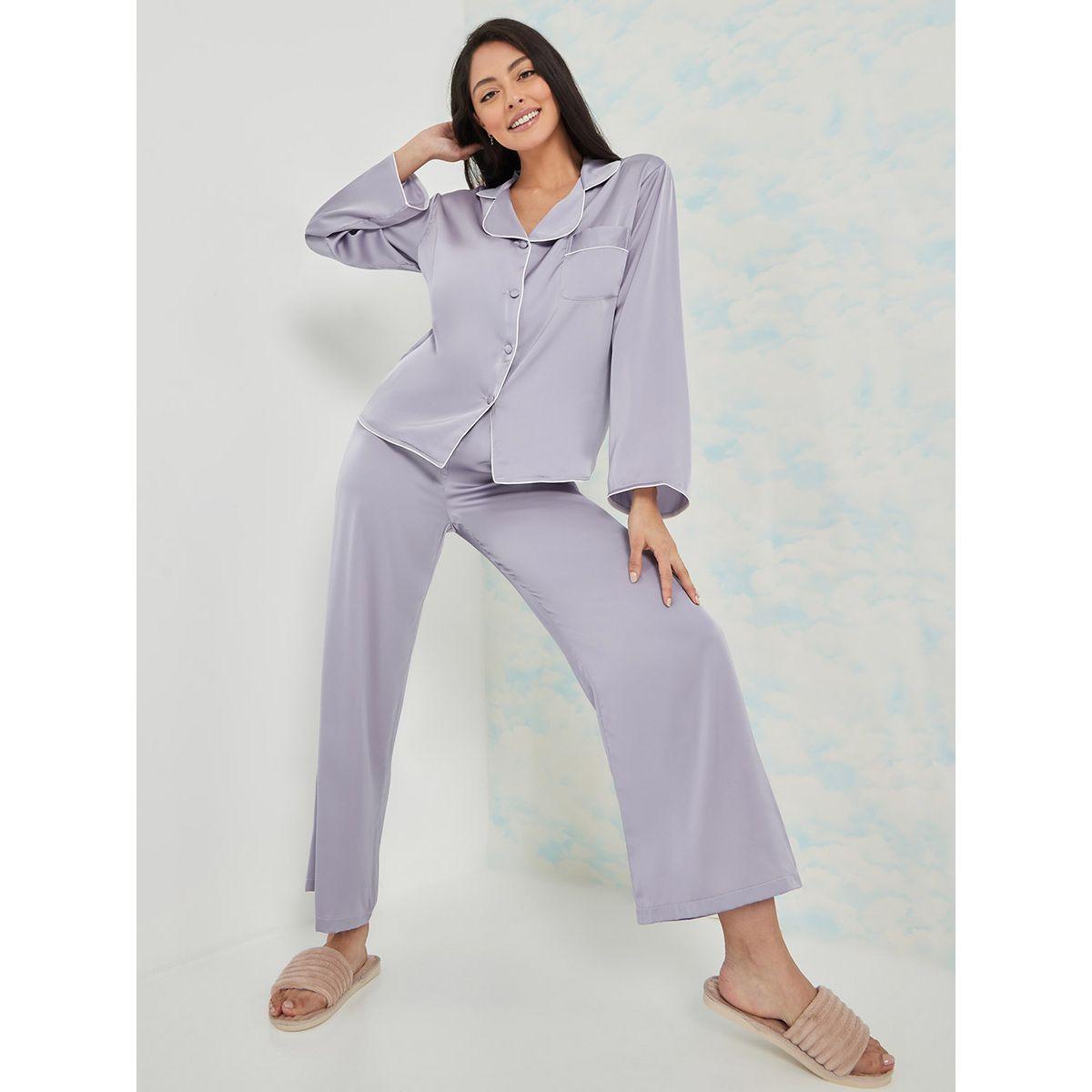 Styli Long Sleeves Solid Contrast Piped Shirt and Pyjama Set-women-clothing-nightwear-pyjamas-longsets-image-2