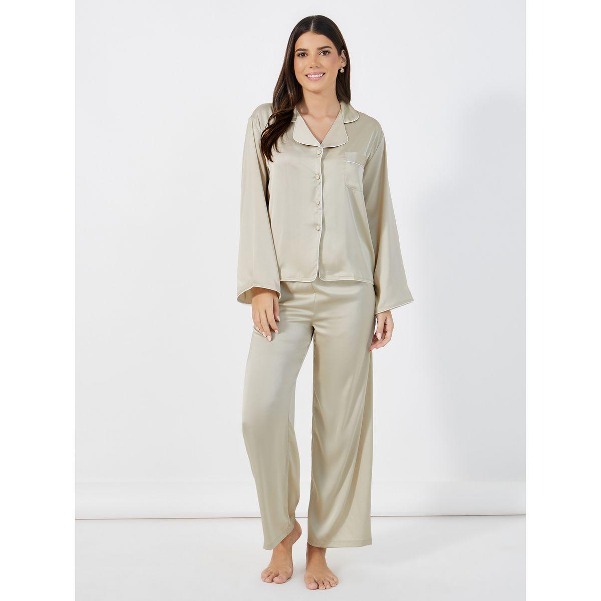 Styli Unwind Solid Piped Button Through Shirt & Pyjama Set-women-clothing-nightwear-pyjamas-longsets-image-1