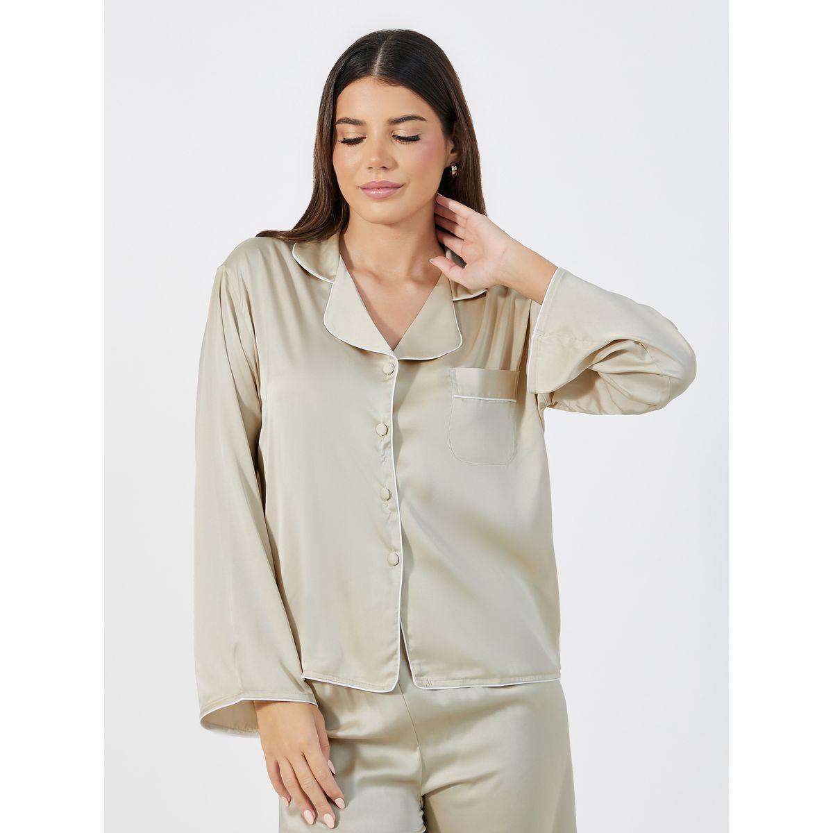 Styli Unwind Solid Piped Button Through Shirt & Pyjama Set-women-clothing-nightwear-pyjamas-longsets-image-2