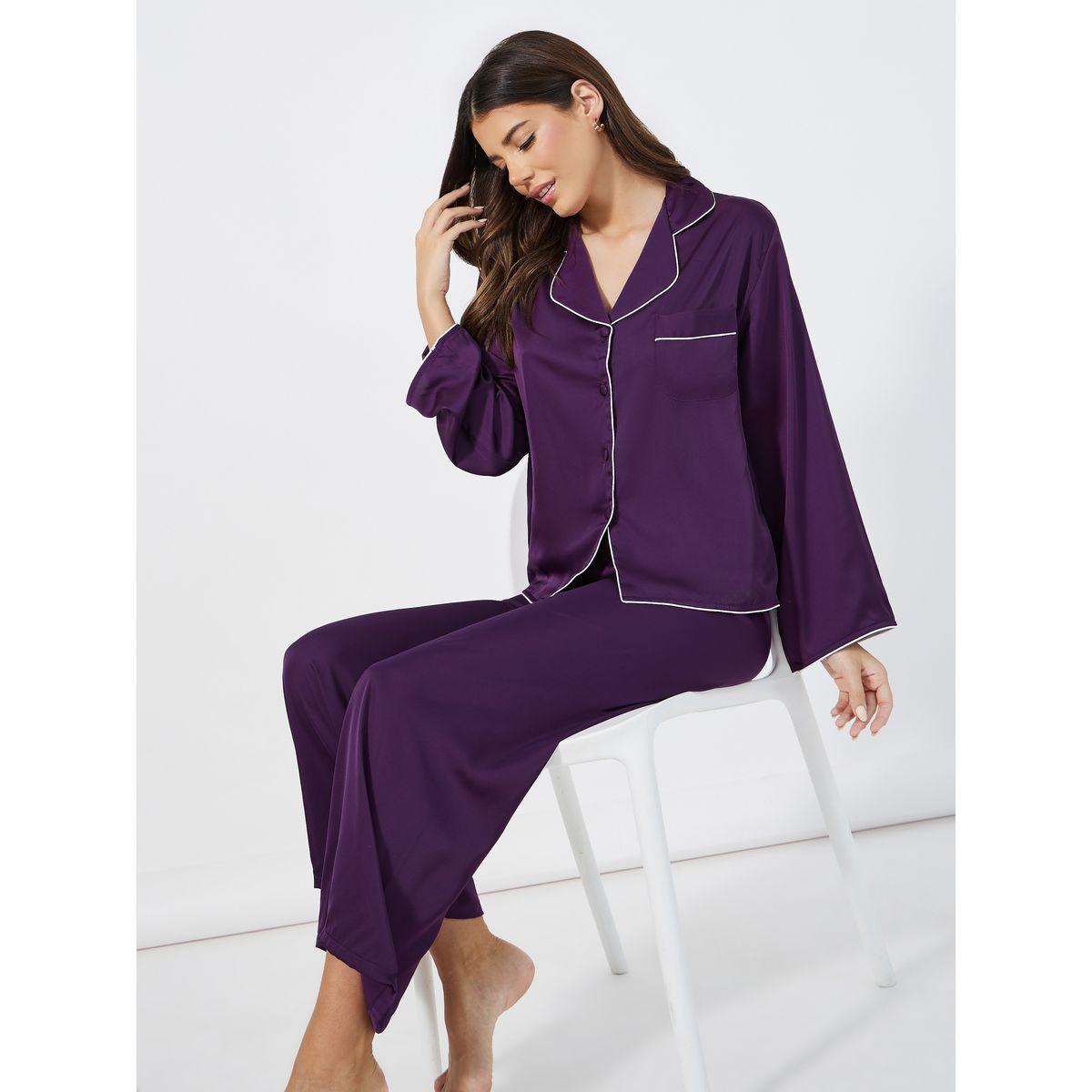 Styli Unwind Solid Piped Button Through Shirt & Pyjama Set-women-clothing-nightwear-pyjamas-longsets-image-1