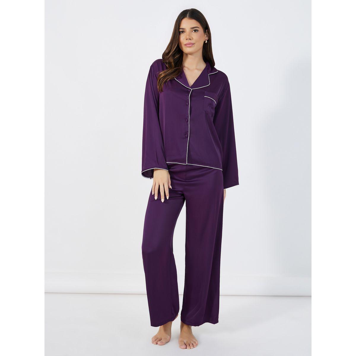 Styli Unwind Solid Piped Button Through Shirt & Pyjama Set-women-clothing-nightwear-pyjamas-longsets-image-2