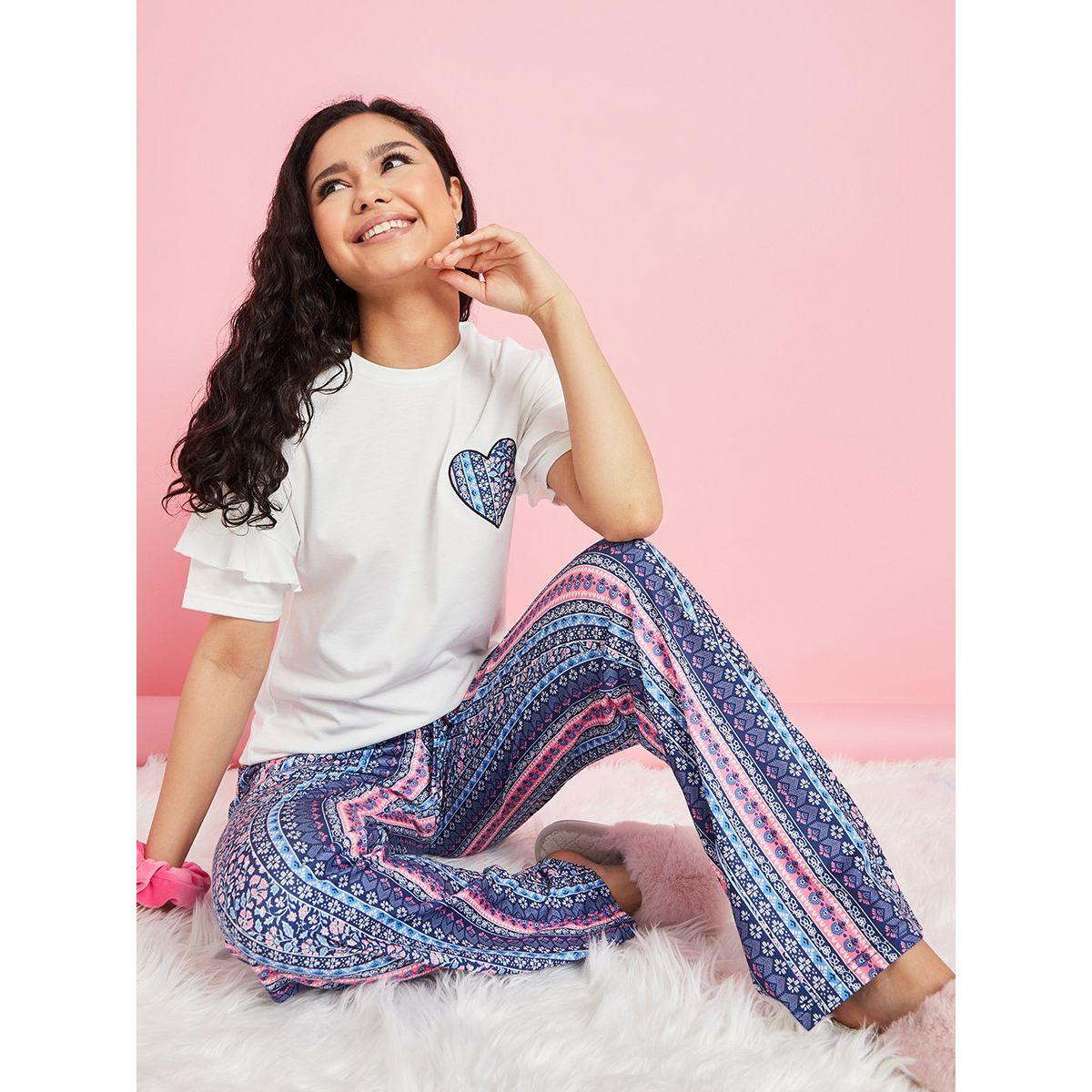 Styli Heart Print Ruffle Sleeve T-shirt and Pyjama Set-women-clothing-nightwear-pyjamas-longsets-image-1