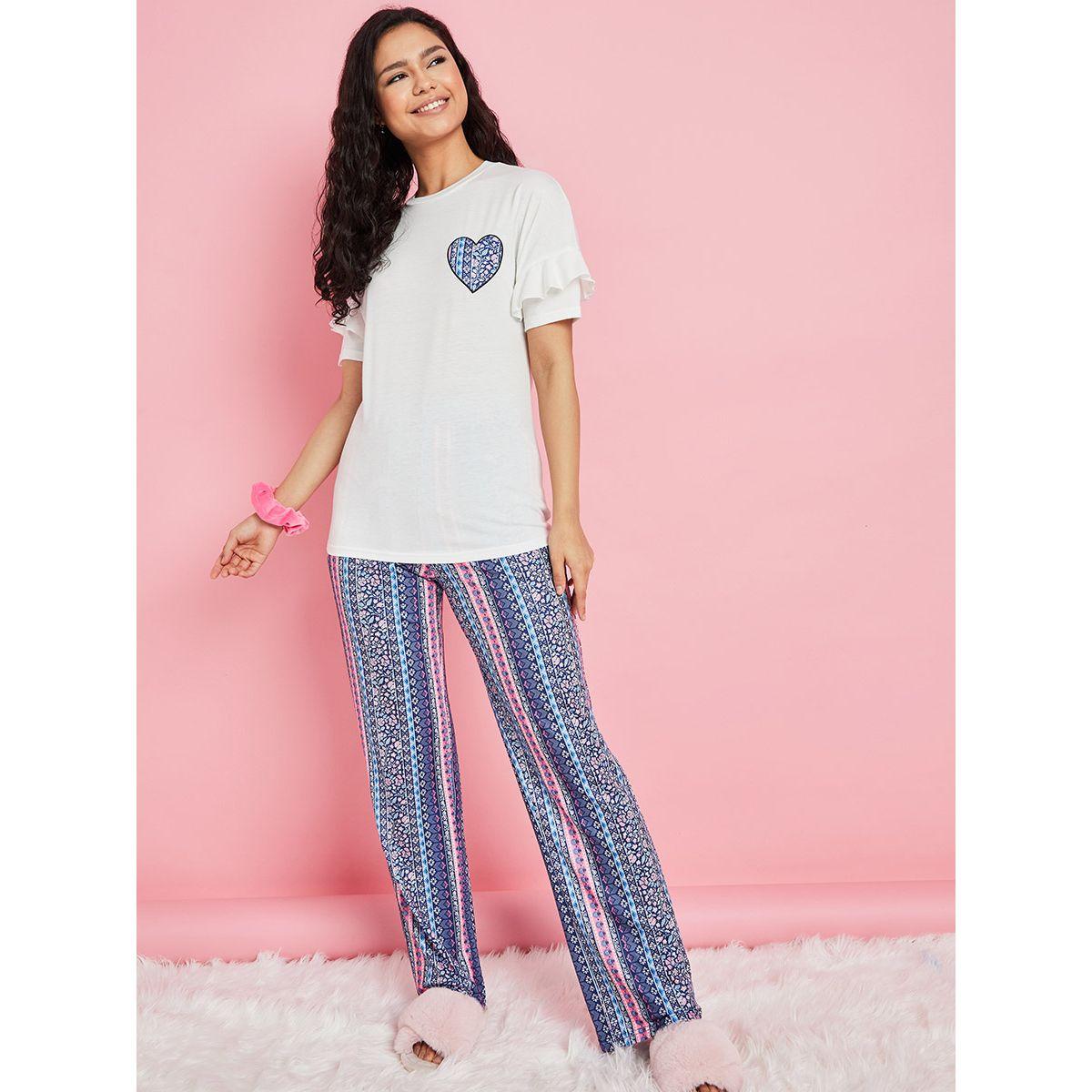 Styli Heart Print Ruffle Sleeve T-shirt and Pyjama Set-women-clothing-nightwear-pyjamas-longsets-image-2