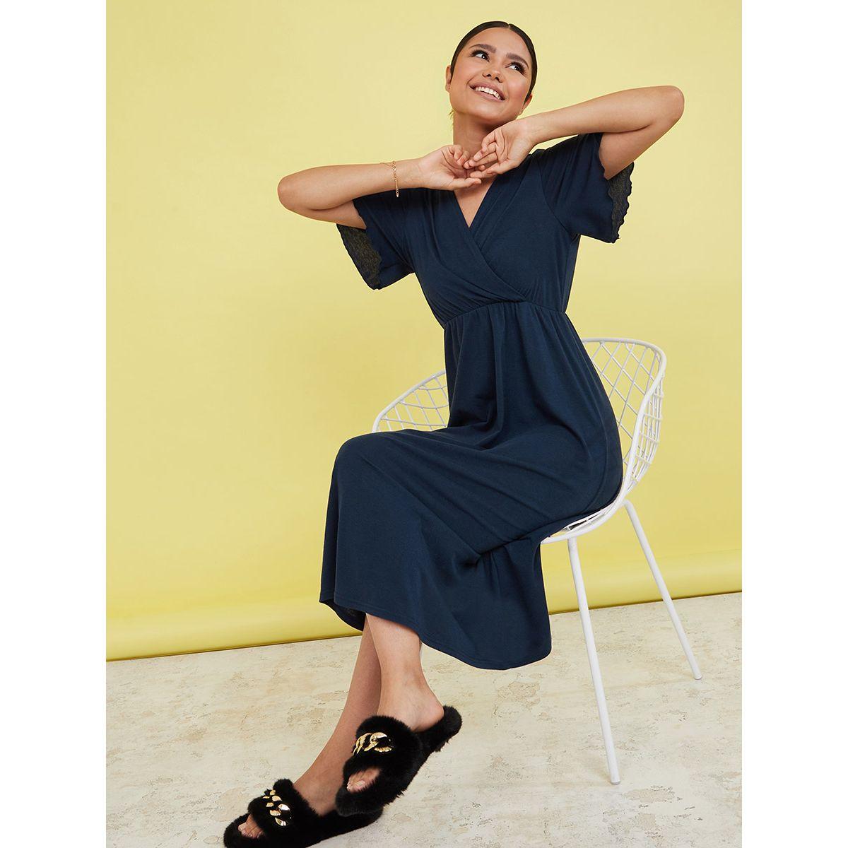 Styli Solid Wrap Front Midi Nightdress-women-clothing-nightwear-nighties-image-1