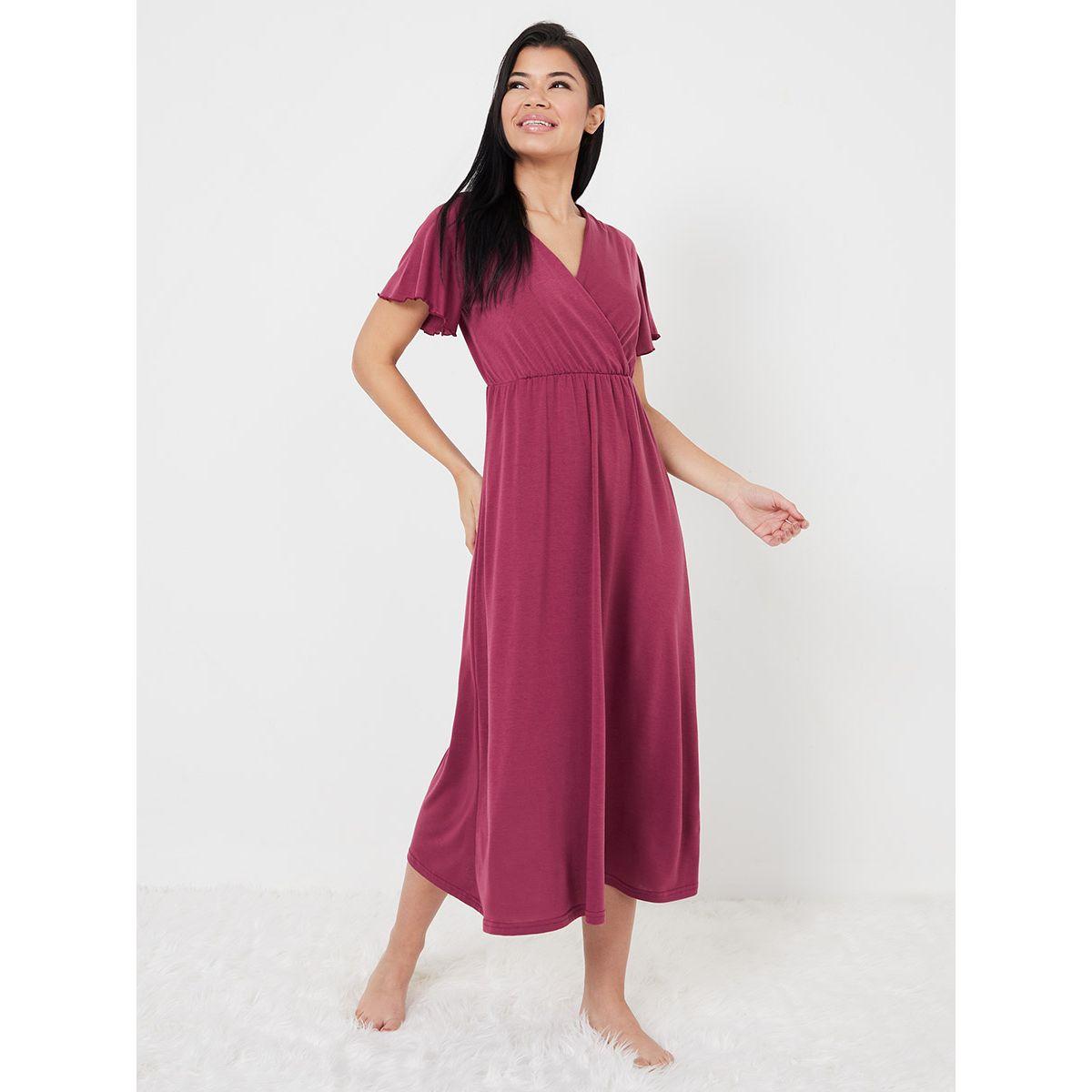 Styli Solid Wrap Front Midi Nightdress-women-clothing-nightwear-nighties-image-1