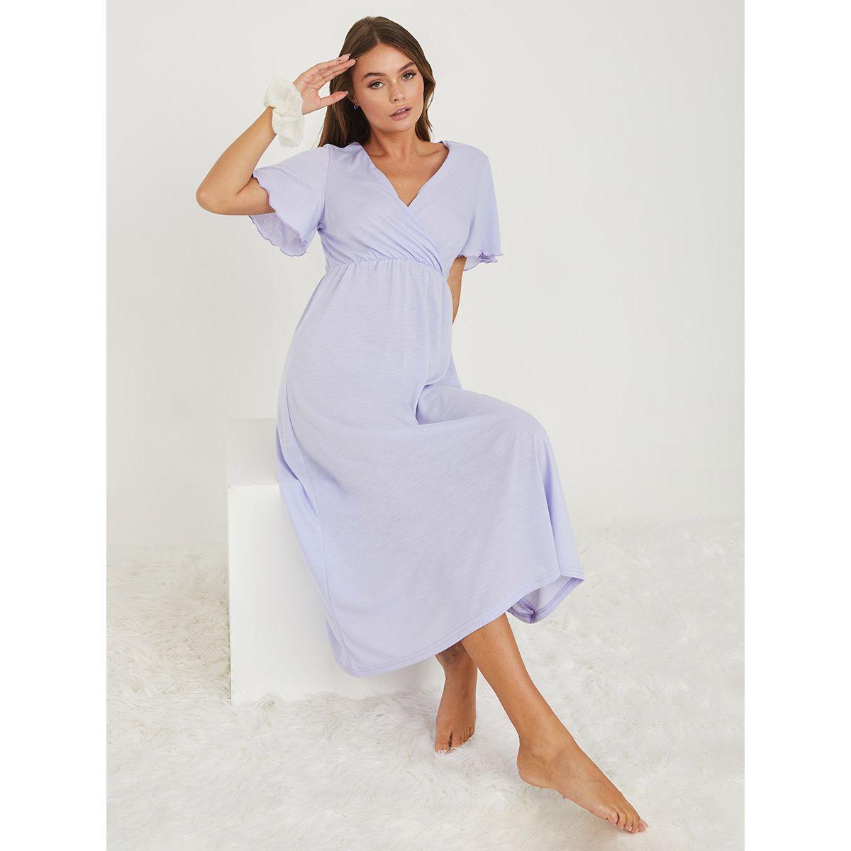 Styli Solid Wrap Front Midi Nightdress-women-clothing-nightwear-nighties-image-1