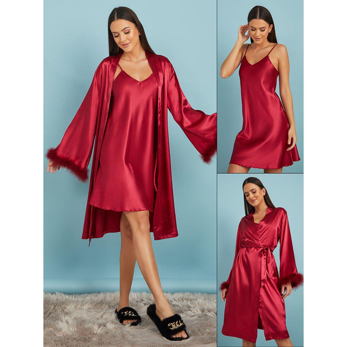 Styli Unwind Pack of 2 - Satin Cami and Marabou Trim Sleeves Robe-women-clothing-nightwear-robes-image-1