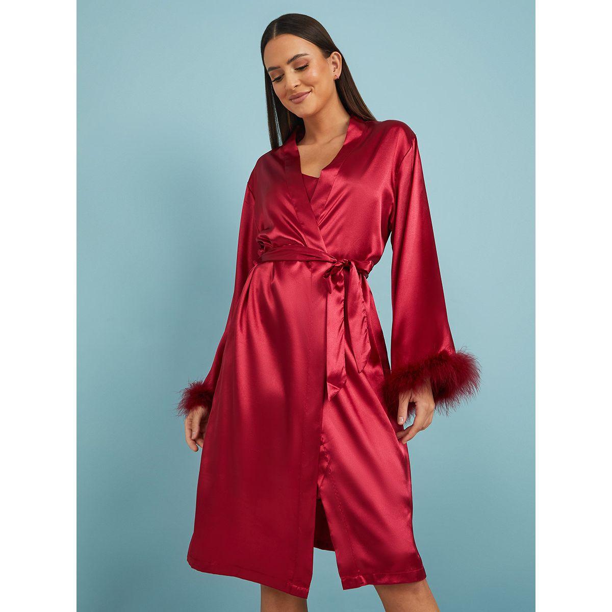Styli Unwind Pack of 2 - Satin Cami and Marabou Trim Sleeves Robe-women-clothing-nightwear-robes-image-2