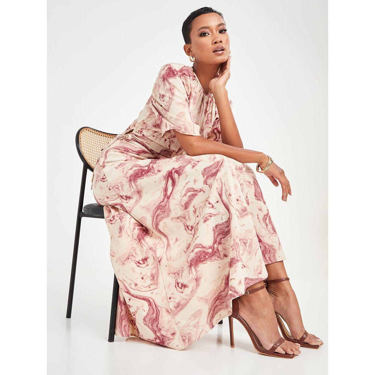 Styli Puff Sleeves Marble Print A-Line Maxi Dress with Ruched Detail-women-clothing-dresses-image-1