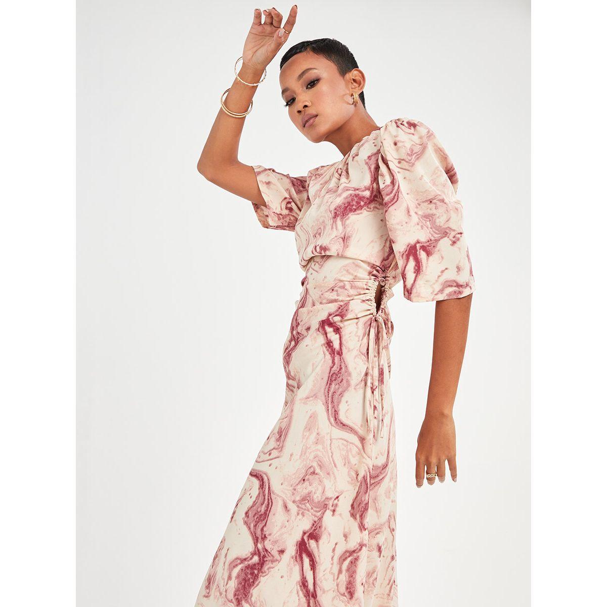 Styli Puff Sleeves Marble Print A-Line Maxi Dress with Ruched Detail-women-clothing-dresses-image-2