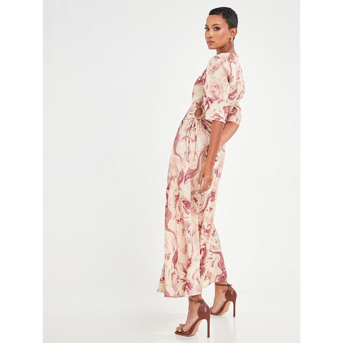 Styli Puff Sleeves Marble Print A-Line Maxi Dress with Ruched Detail-women-clothing-dresses-image-4