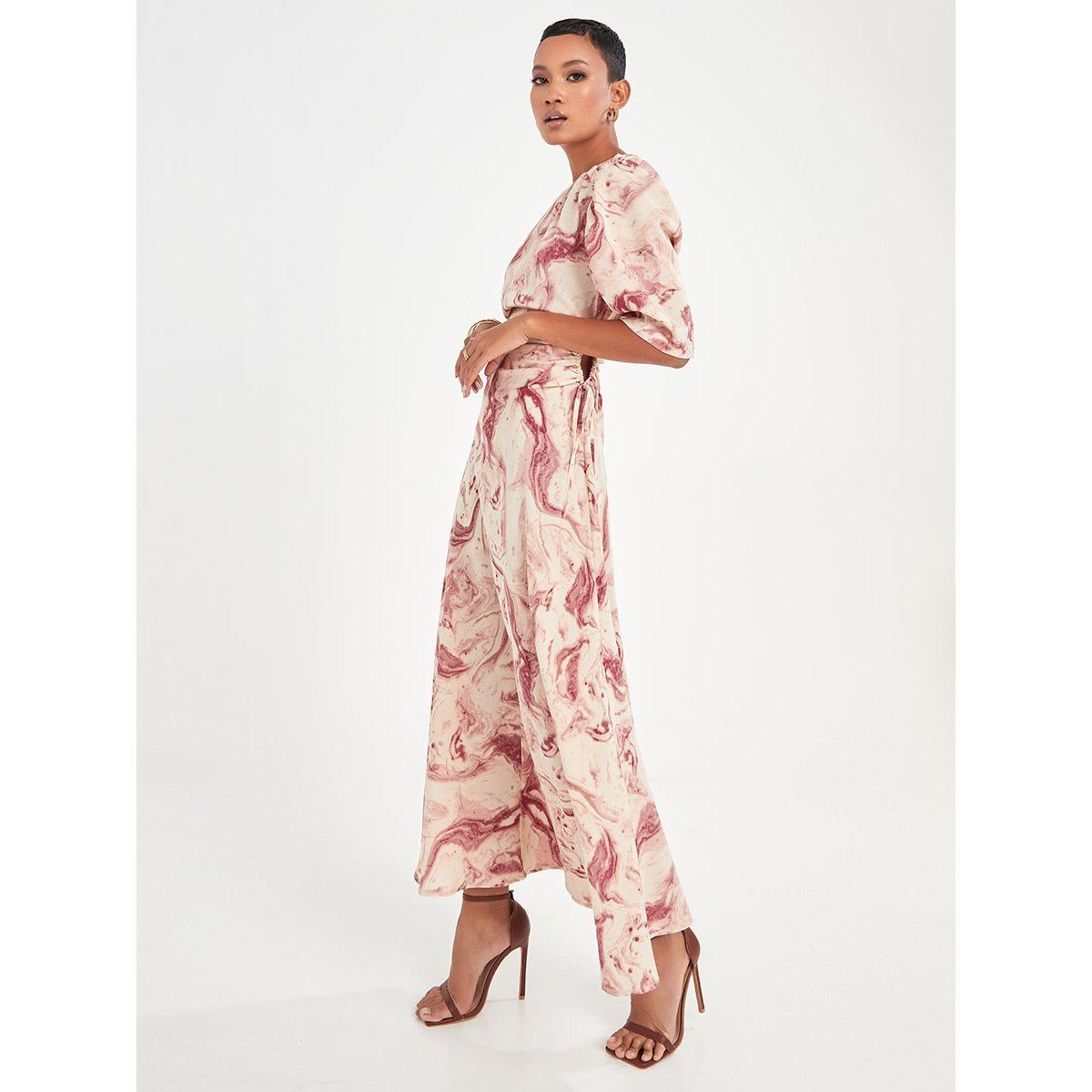 Styli Puff Sleeves Marble Print A-Line Maxi Dress with Ruched Detail-women-clothing-dresses-image-5