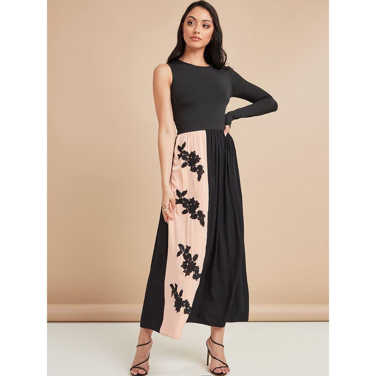 Styli Asymmetrical Sleeves Colorblock A-Line Maxi Dress-women-clothing-dresses-image-1