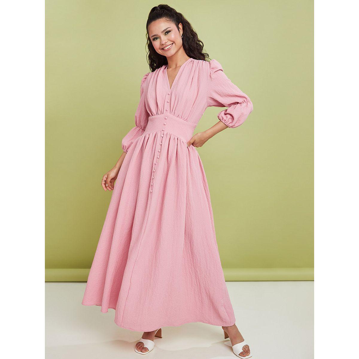 Styli 3/4 Sleeves V Neck Crepe A-Line Maxi Dress -women-clothing-dresses-image-1