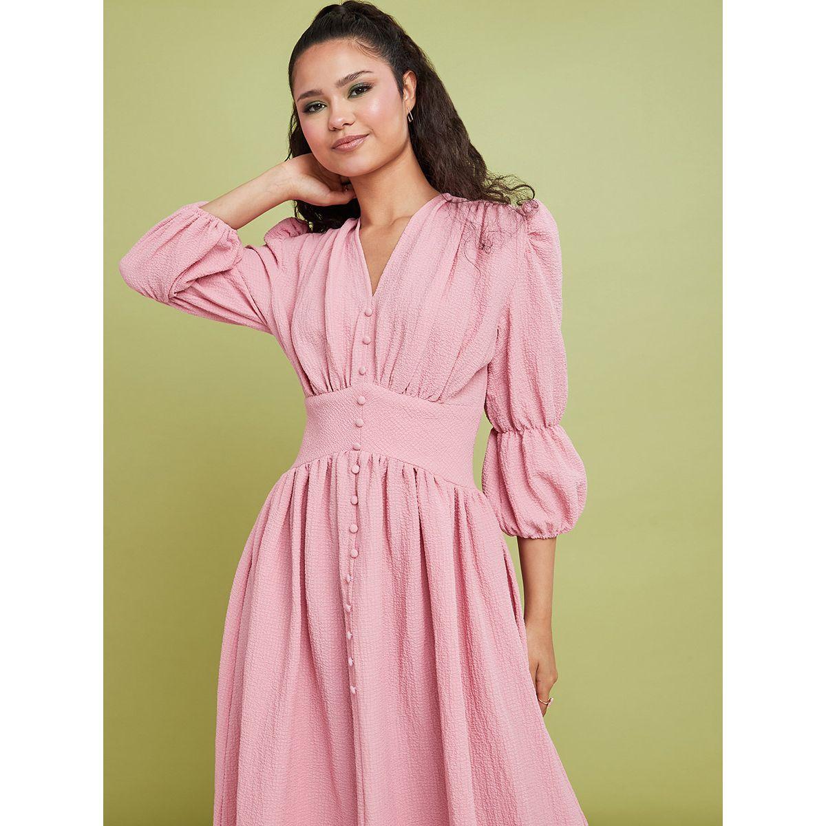 Styli 3/4 Sleeves V Neck Crepe A-Line Maxi Dress -women-clothing-dresses-image-2