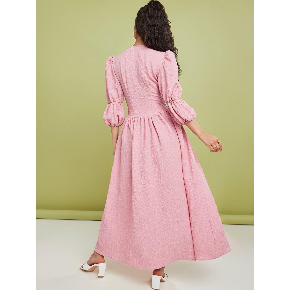 Styli 3/4 Sleeves V Neck Crepe A-Line Maxi Dress -women-clothing-dresses-image-4