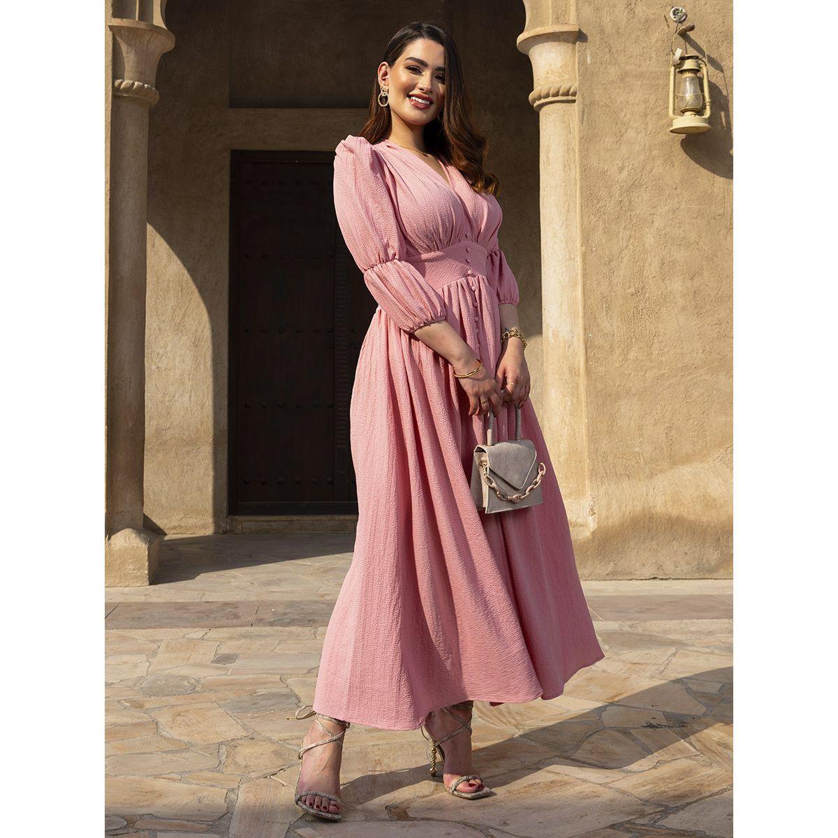Styli 3/4 Sleeves V Neck Crepe A-Line Maxi Dress -women-clothing-dresses-image-5