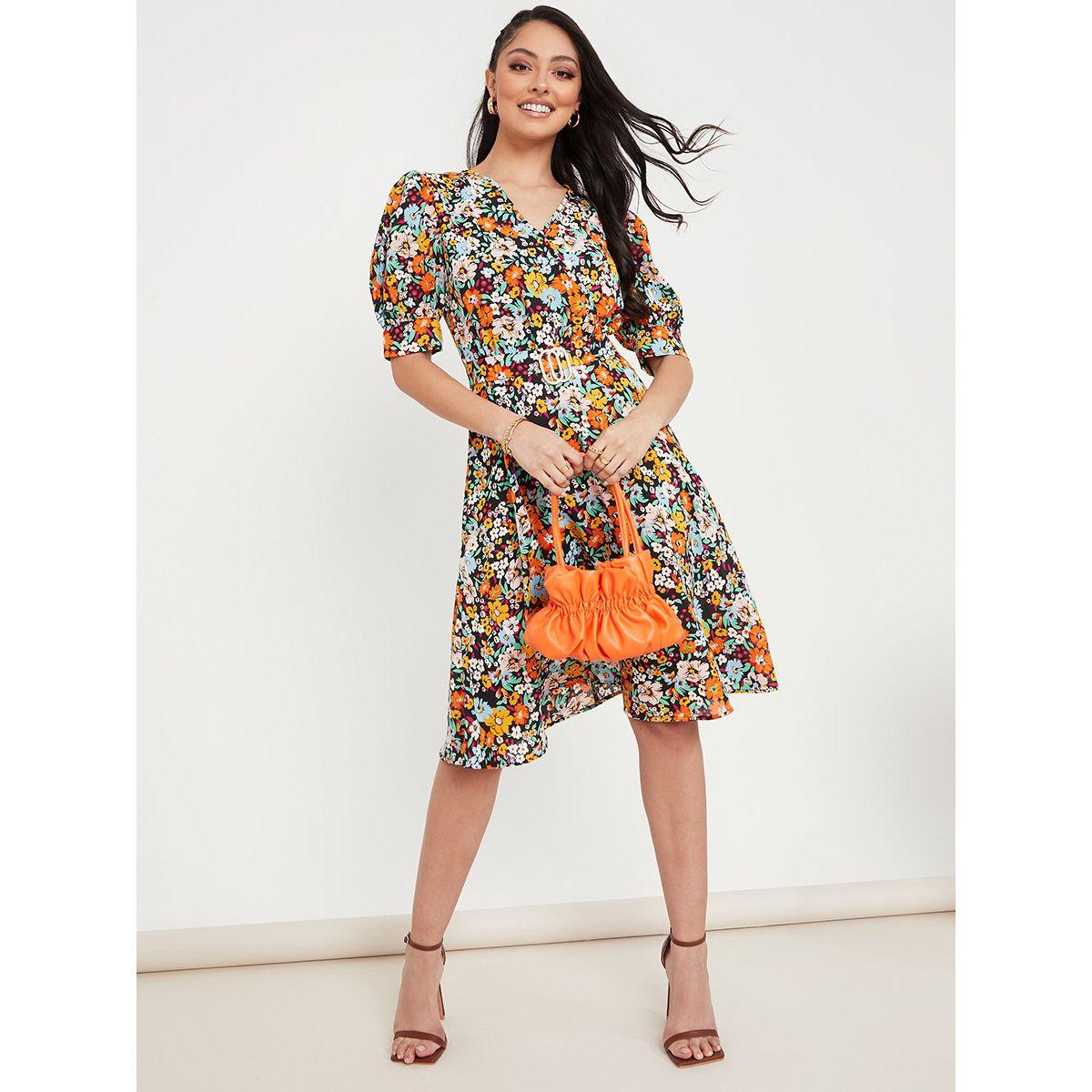 فستان مطبع بزهور واكمام منفوشة-women-clothing-dresses-image-1