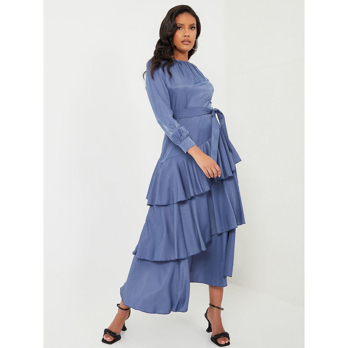 Styli Long Sleeves Layered Maxi Dress with Self Tie Belt-women-clothing-dresses-image-2