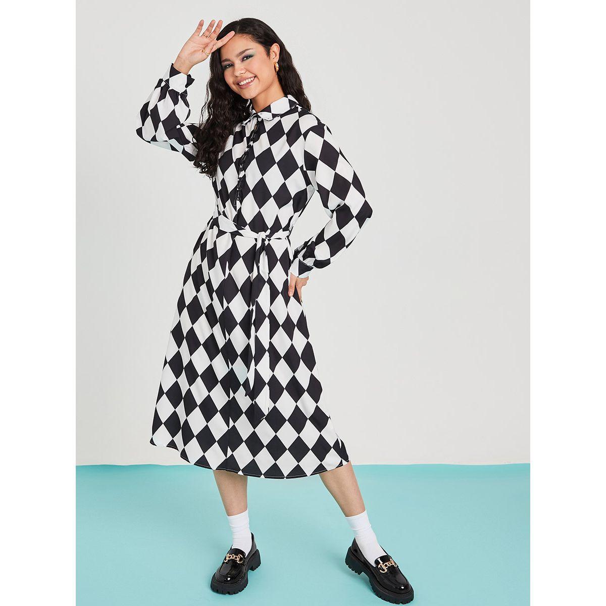 Styli Long Sleeves Argyle Print Shirt Midi Dress with Tie Belt-women-clothing-dresses-image-3