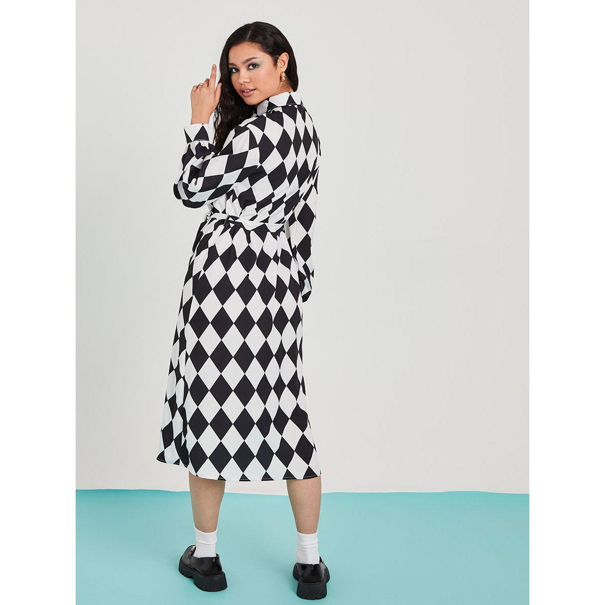 Styli Long Sleeves Argyle Print Shirt Midi Dress with Tie Belt-women-clothing-dresses-image-5