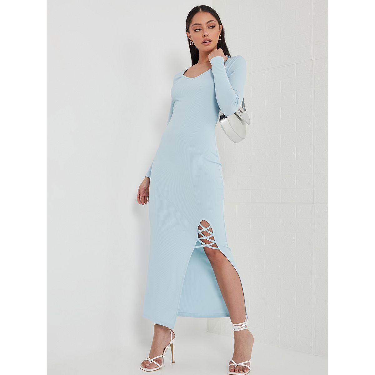 Styli Long Sleeves Criss Cross Detail Front Slit Maxi Dress-women-clothing-dresses-image-1