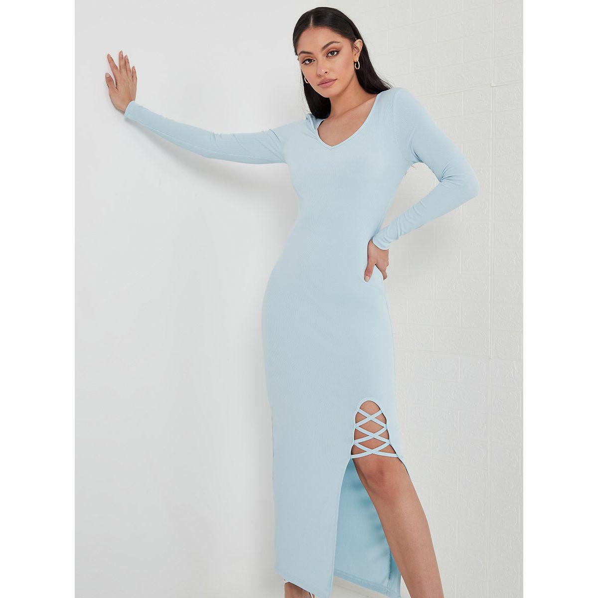 Styli Long Sleeves Criss Cross Detail Front Slit Maxi Dress-women-clothing-dresses-image-6